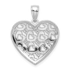 14K White Gold Diamond-cut Heart Pattern On Heart Charm