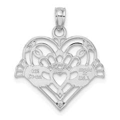 14K White Gold Polished and Beaded Claddagh In Heart Charm