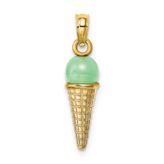 14K Satin Polished 3D Green Bead Ice Cream Cone Pendant
