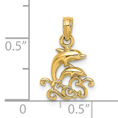 14K Textured Mini Double Dolphins and Waves Charm