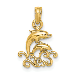 14K Textured Mini Double Dolphins and Waves Charm