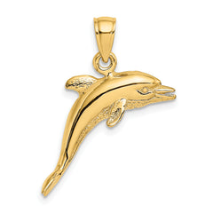 14K 3-D Polished and Textured Jumping Dolphin Charm