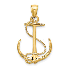 14K 3-D Polished and Textured Anchor w/Rope Charm