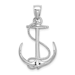14K White Gold 3-D Polished and Textured Anchor w/Rope Charm
