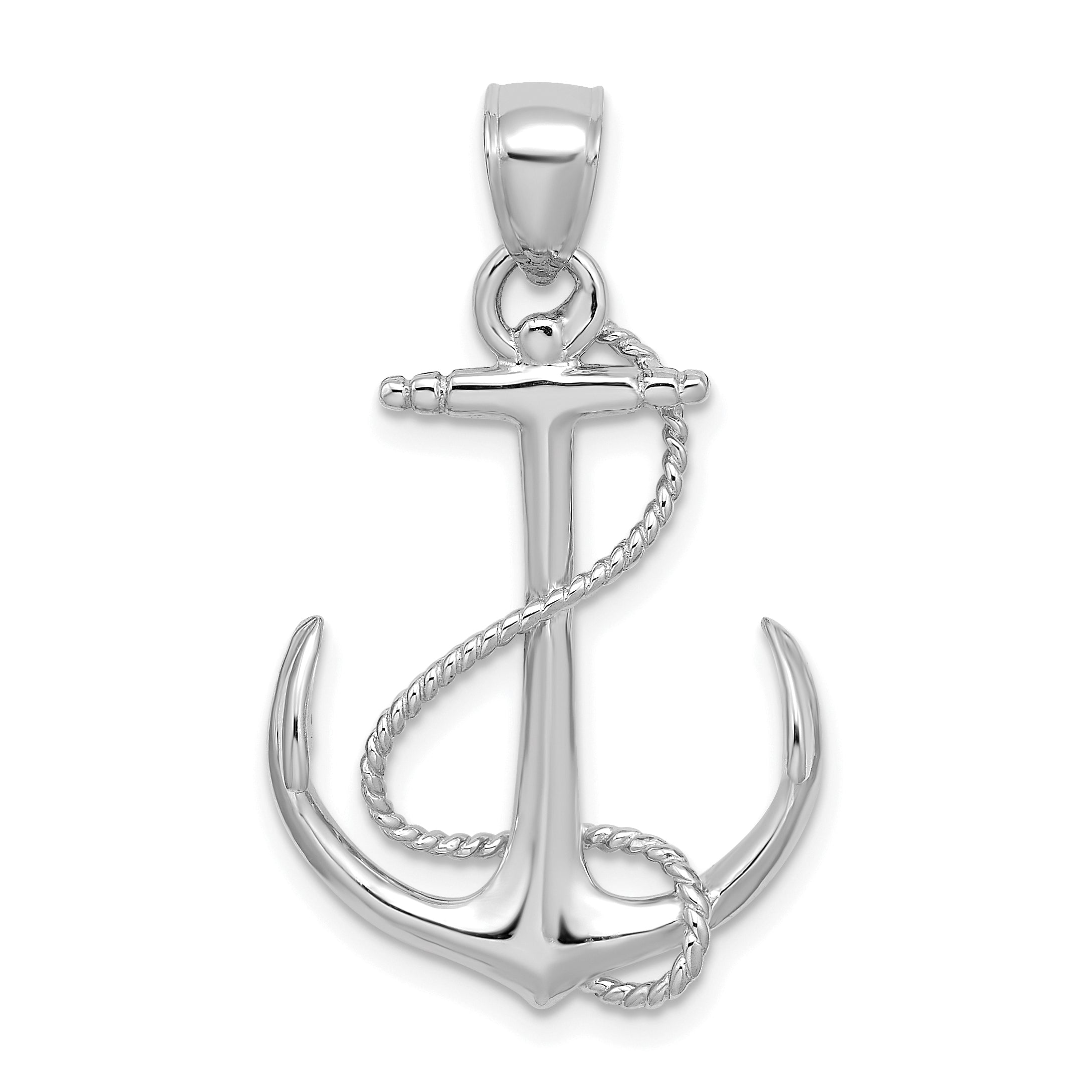 14K White Gold 3-D Polished and Textured Anchor w/Rope Charm