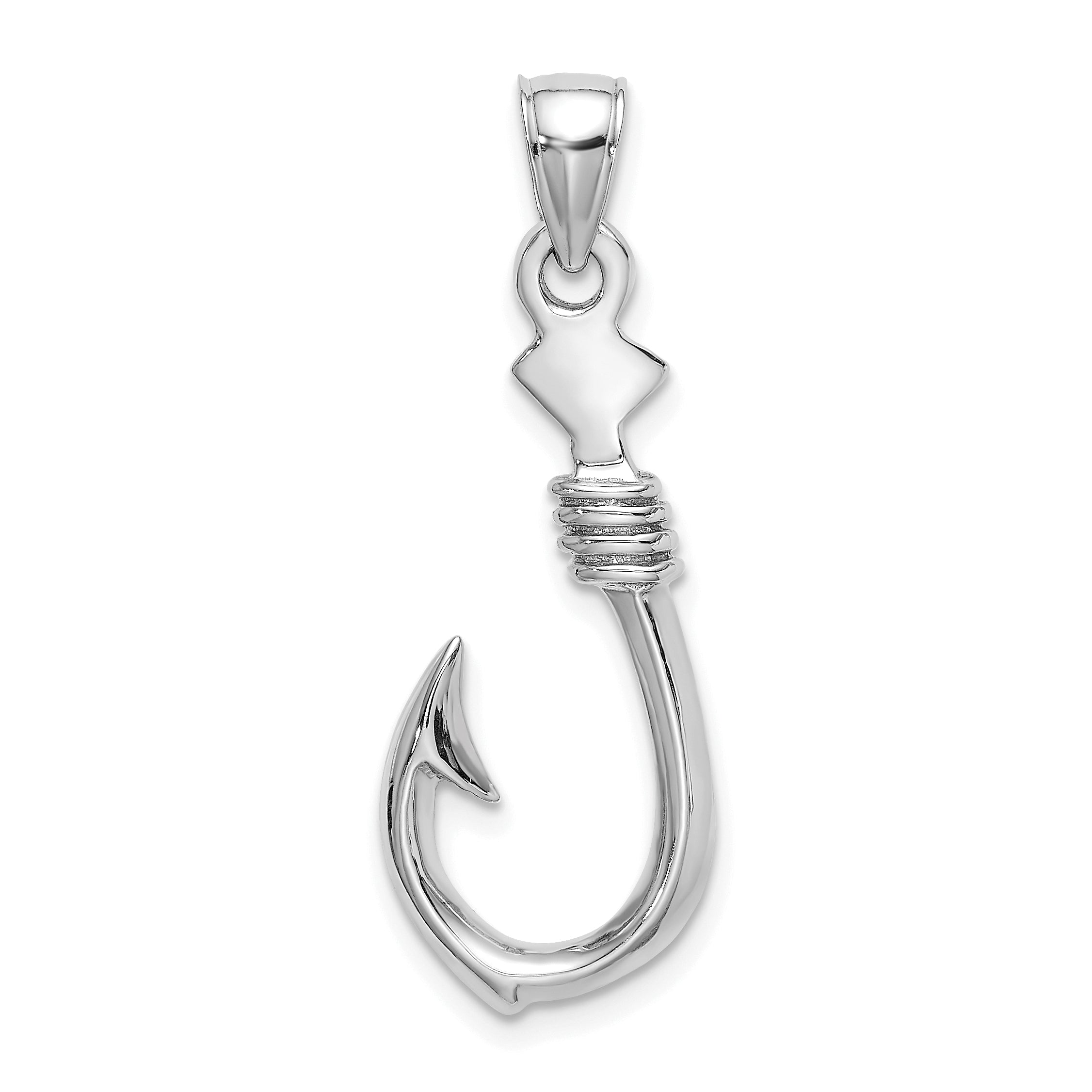 14K White Gold 3-D Large Fish Hook with Rope Charm