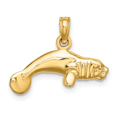 14K 3-D Polished Swimming Manatee Charm