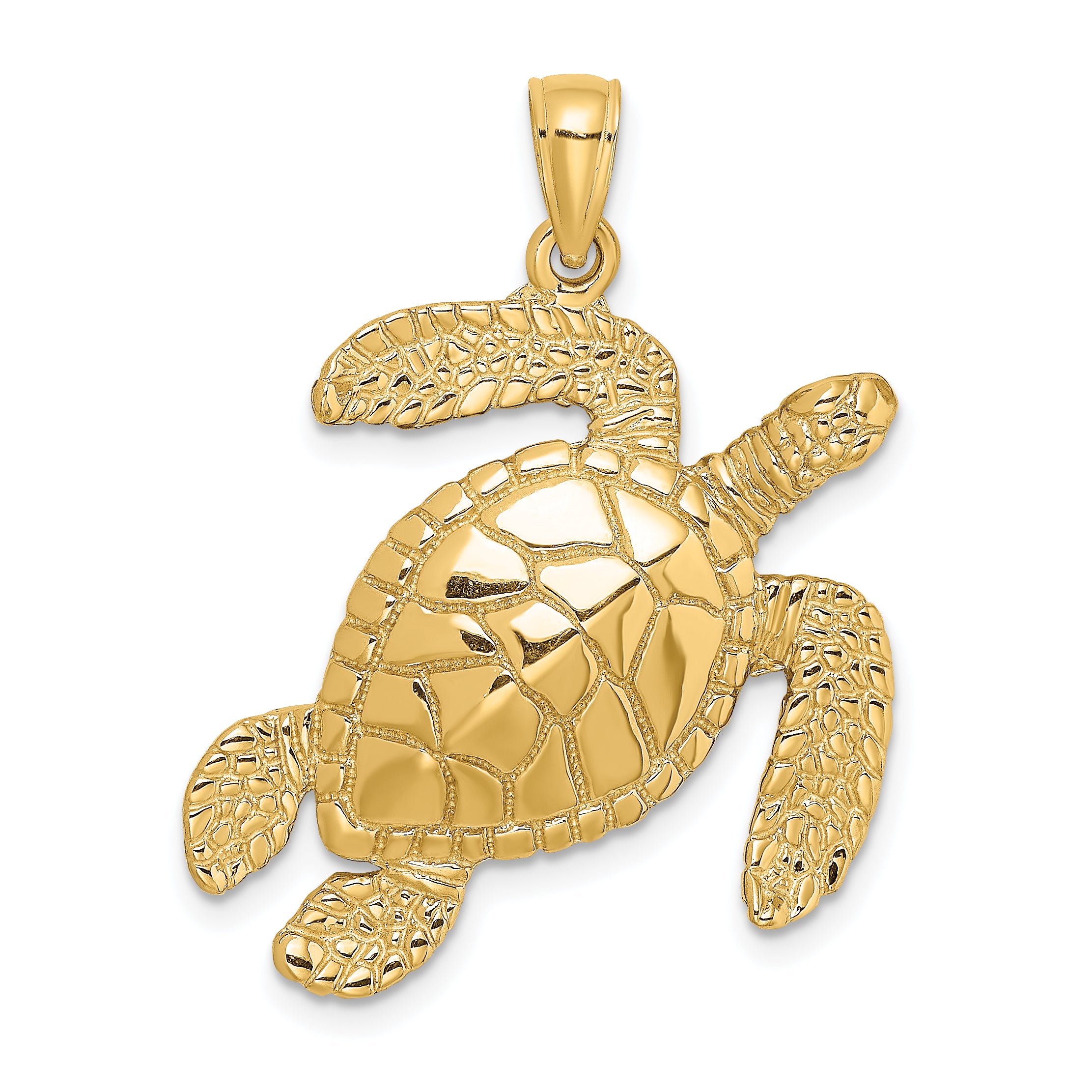 14K Large Textured Swimming Sea Turtle Charm