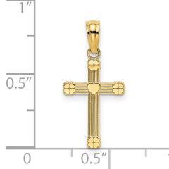 14K Textured w/ Center Heart Small Cross Charm