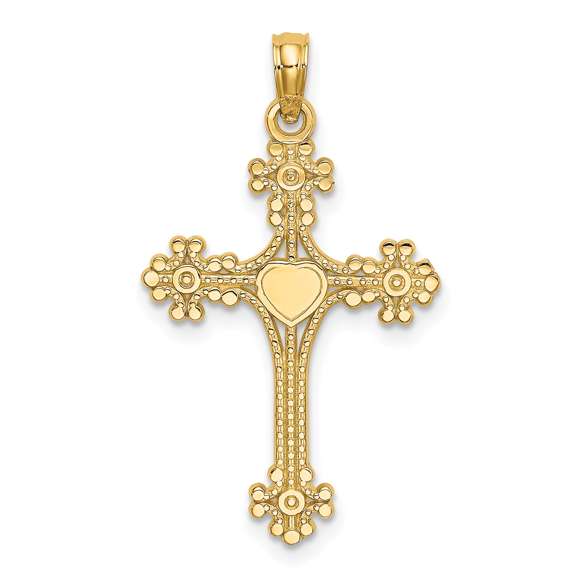14K Beaded Tip Cross w/ Heart Center Charm