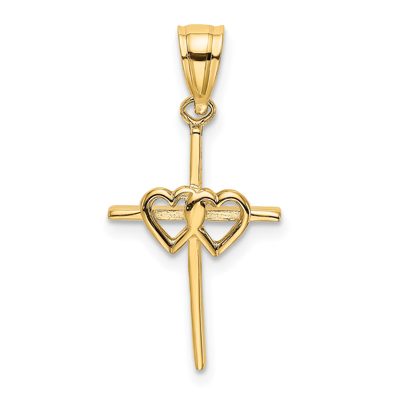 14K Polished Double Hearts On Stick Cross Charm
