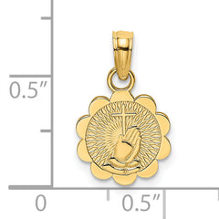 14K Praying Hands and Cross On Scalloped Round Disk Charm
