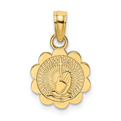 14K Praying Hands and Cross On Scalloped Round Disk Charm