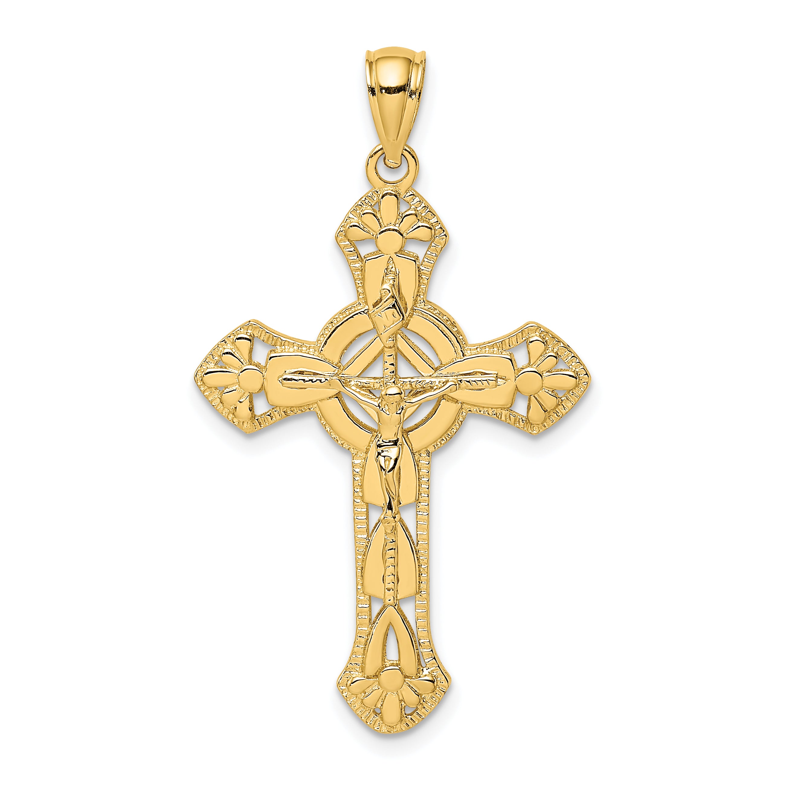 14K Textured Crucifix W/ Arrow Charm
