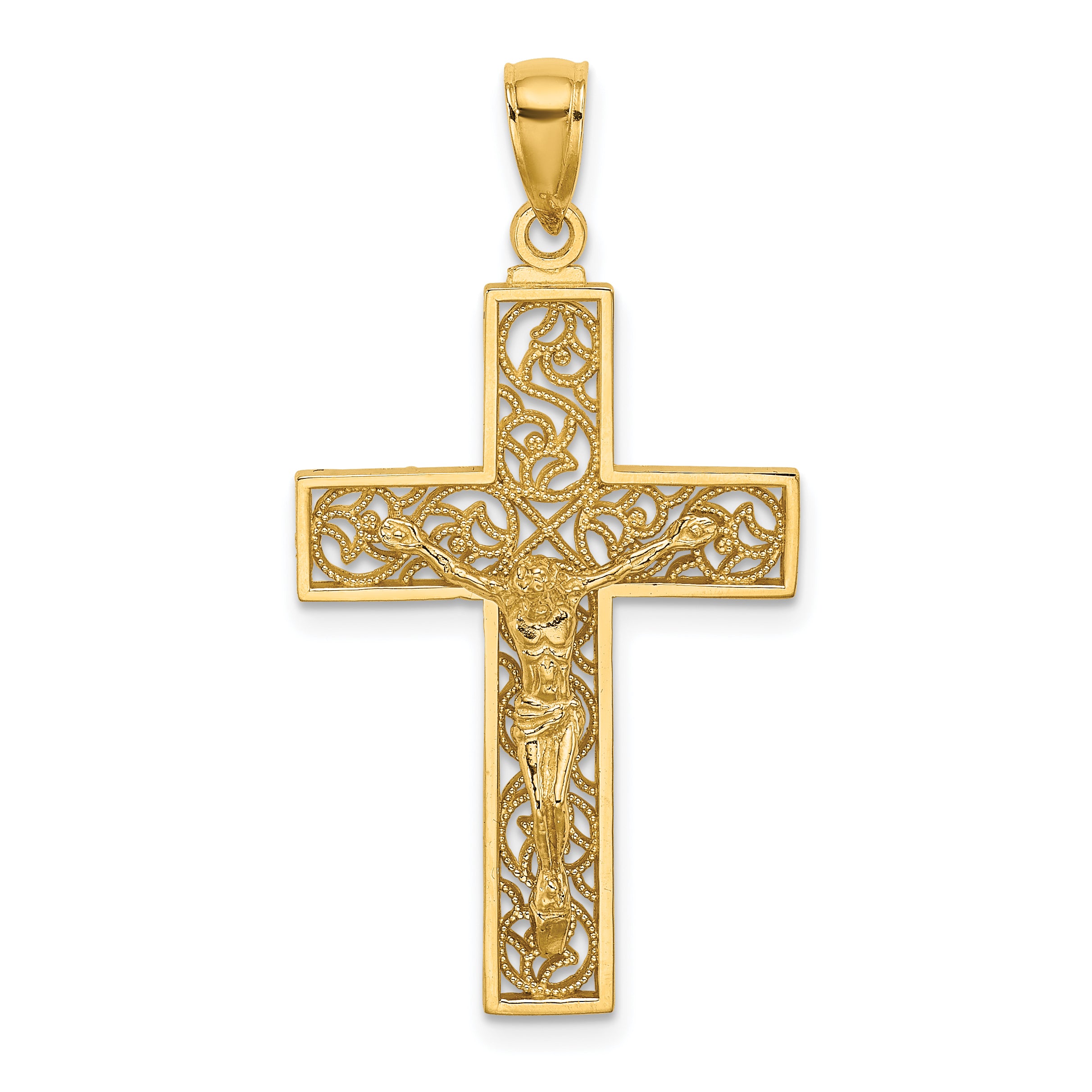 14K Textured Swirl Design Crucifix Charm