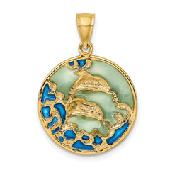 14K 2-D Dolphins w/Blue Enameled Charm