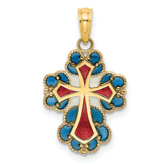 14K Blue, White and Red Enameled w/ Lace Trim Cross Charm