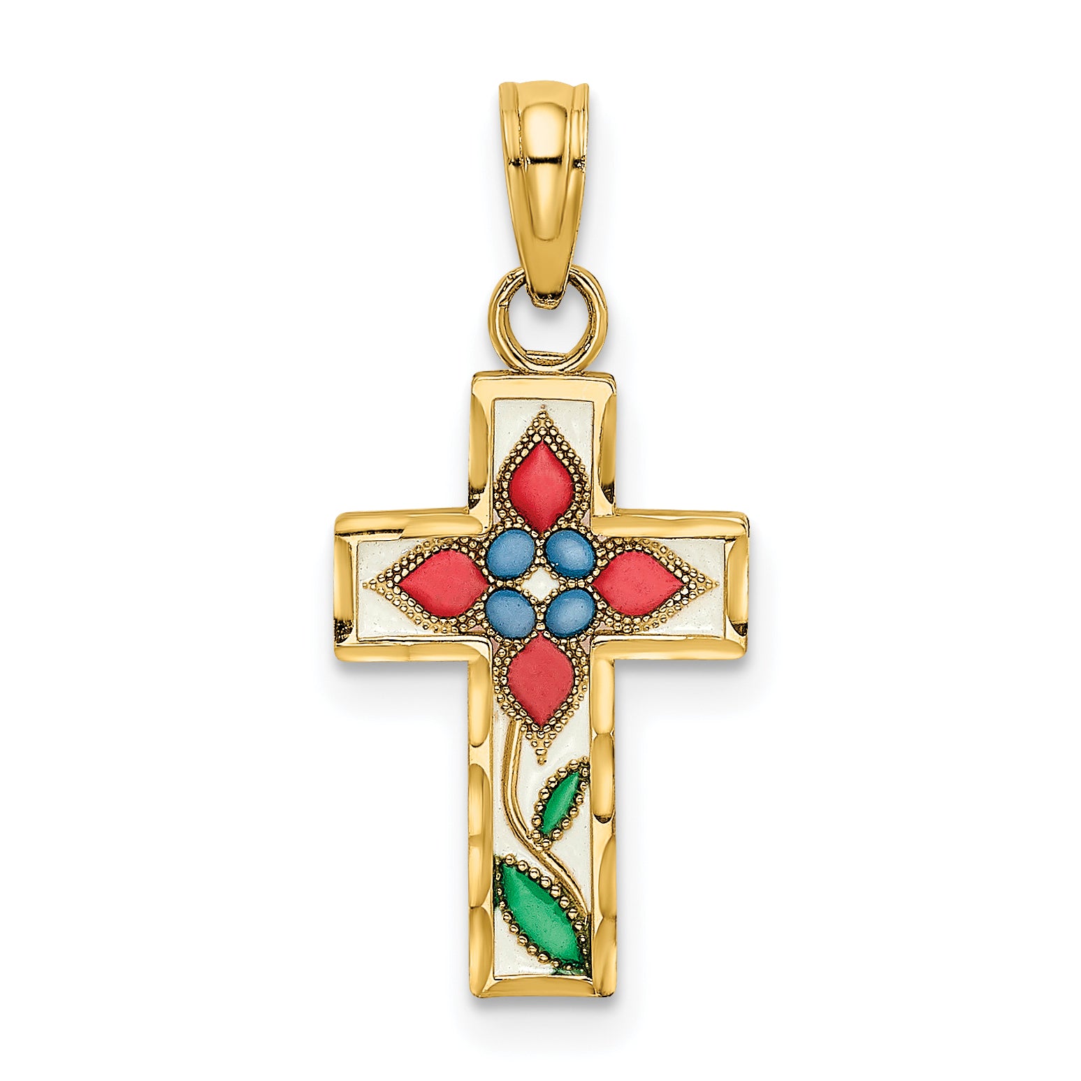 14K Enameled W/ Flower Cross Charm