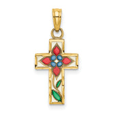 14K Enameled W/ Flower Cross Charm