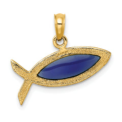 14K Horizontal Blue Enameled Ichthus Charm