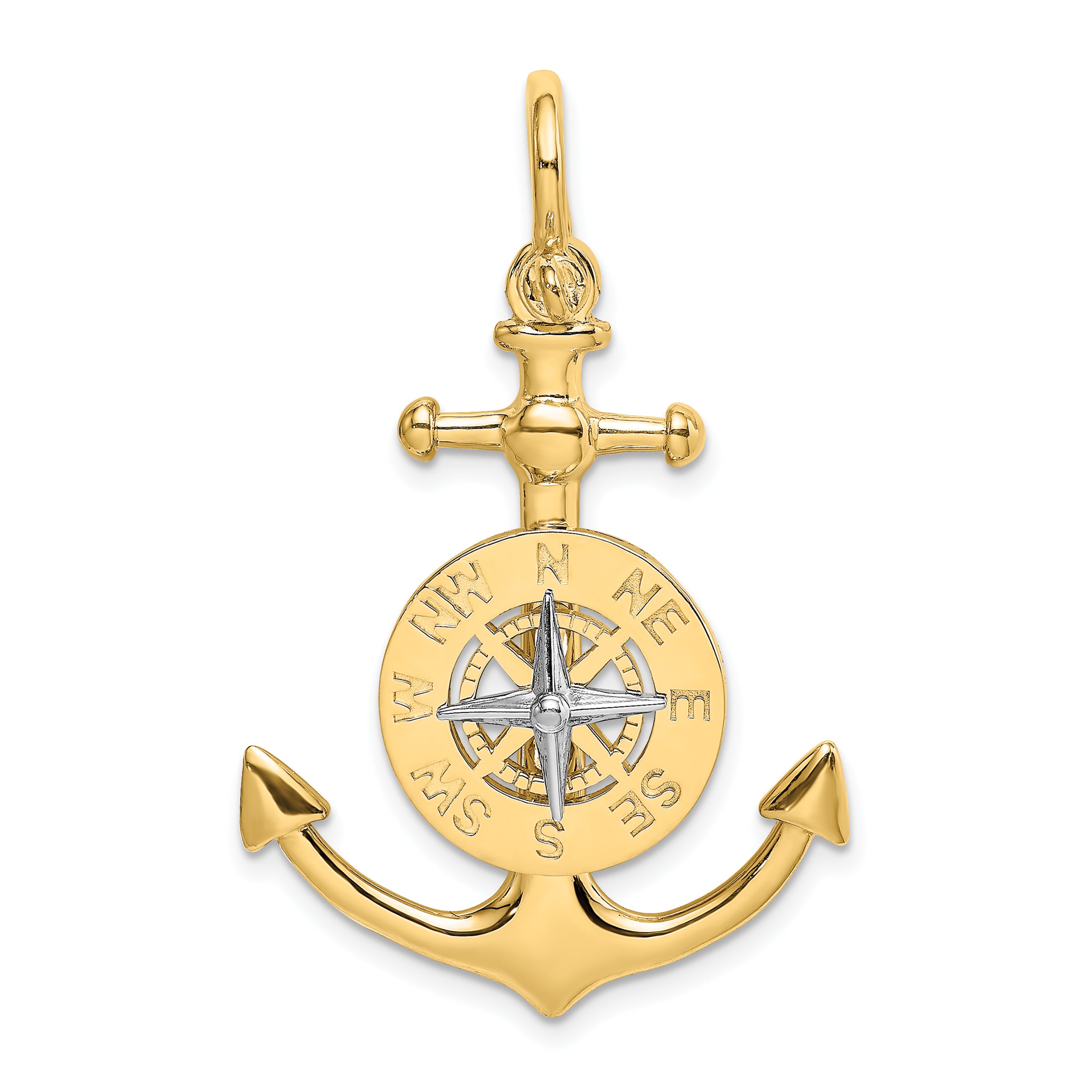 14K Two-tone 3-D Anchor w/ Compass and Rhodium Needle Charm