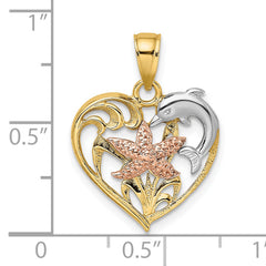 14K Two-tone w/White Rhodium Dolphin and Starfish In Heart Charm