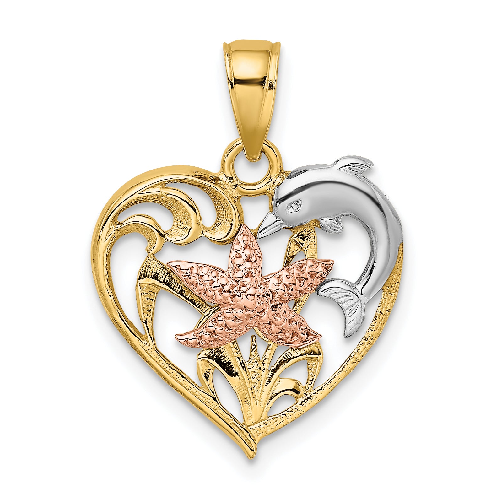 14K Two-tone w/White Rhodium Dolphin and Starfish In Heart Charm