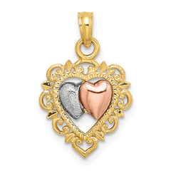 14k Yellow and Rose Gold w/White Rhodium Textured Hearts Charm