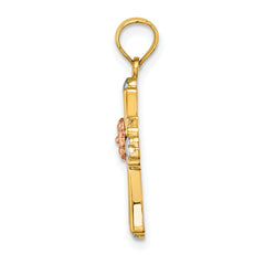 14K Two-tone w/White Rhodium Cross w/Flower and Heart Charm