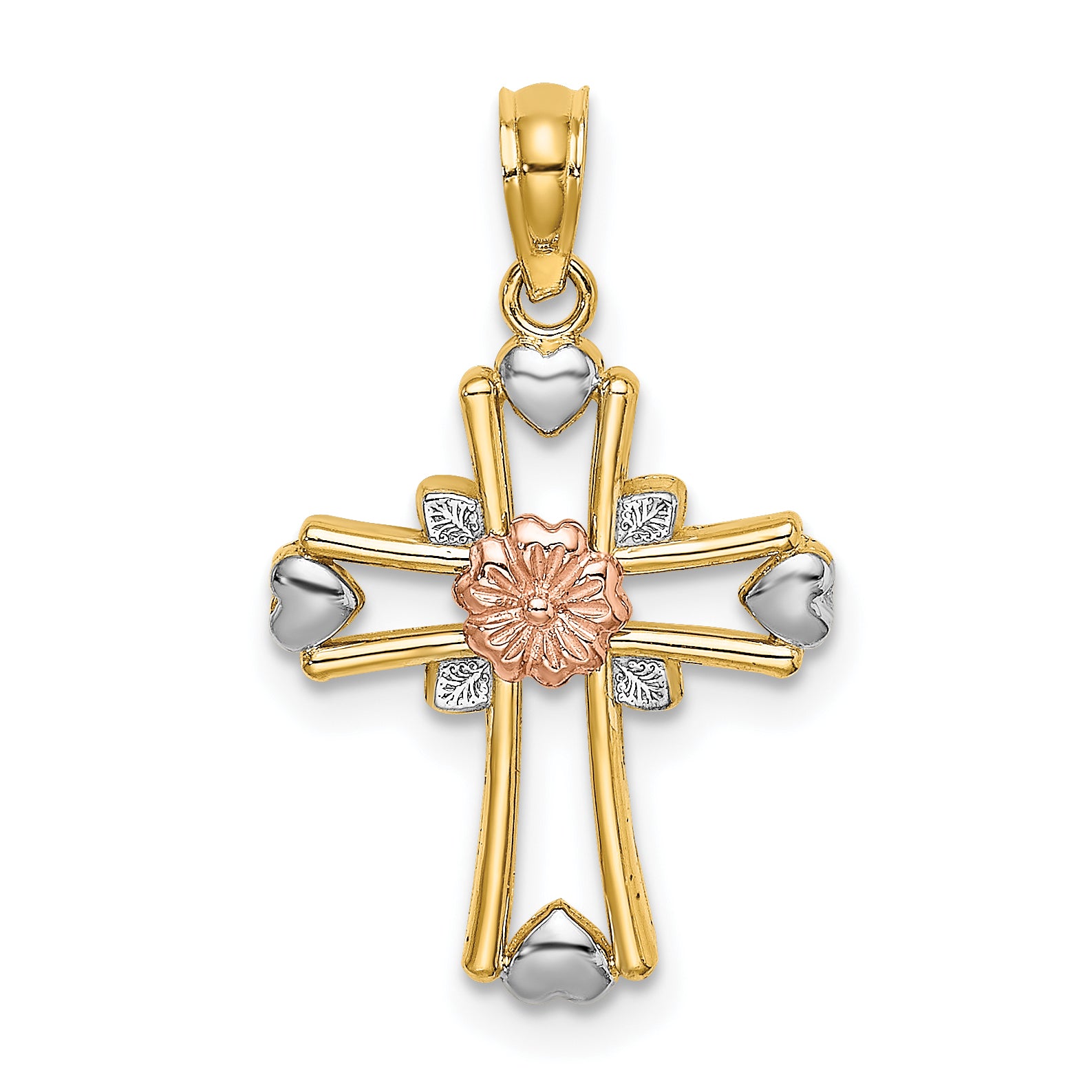 14K Two-tone w/White Rhodium Cross w/Flower and Heart Charm