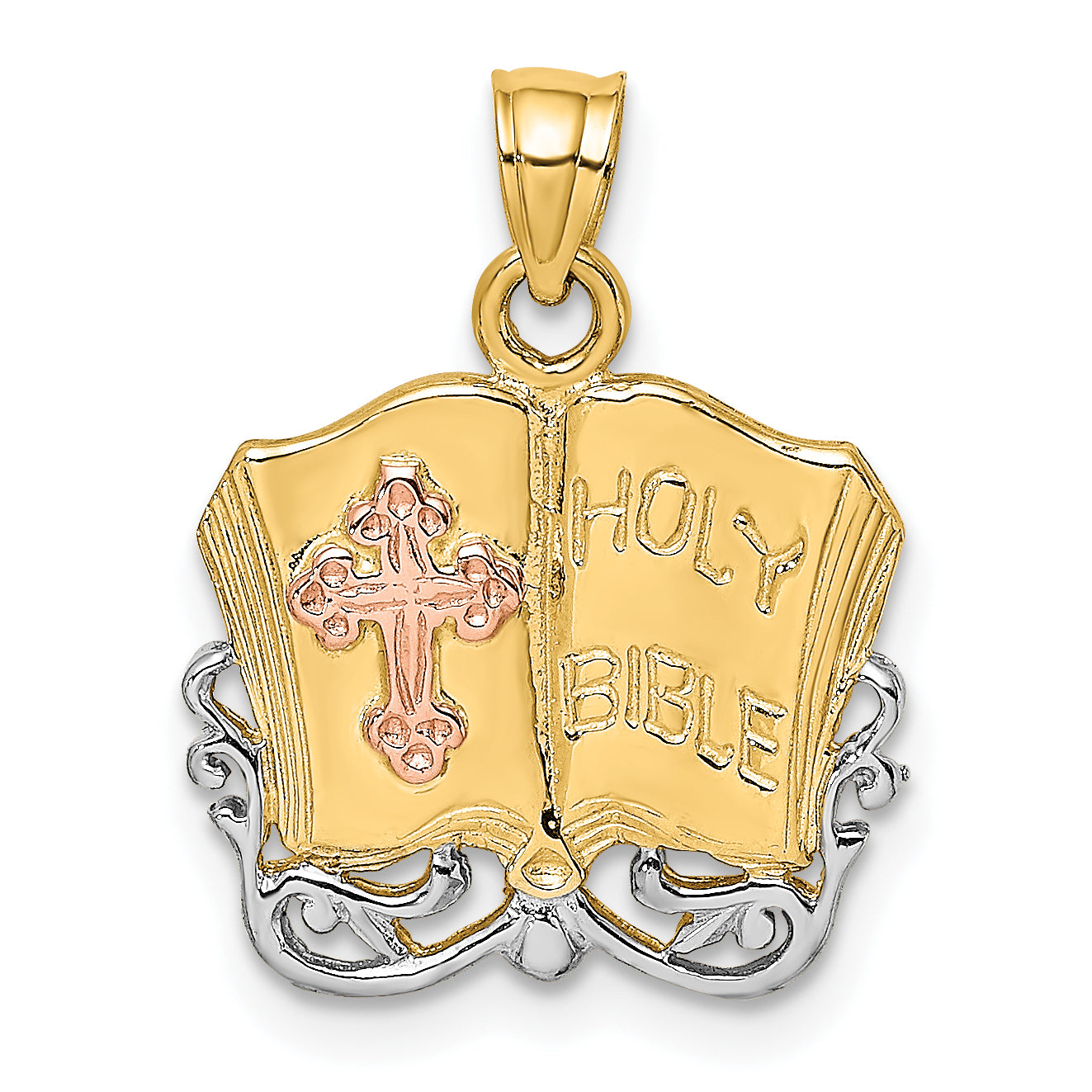 14K Two-tone w/White Rhodium Holy Bible w/Cross Charm