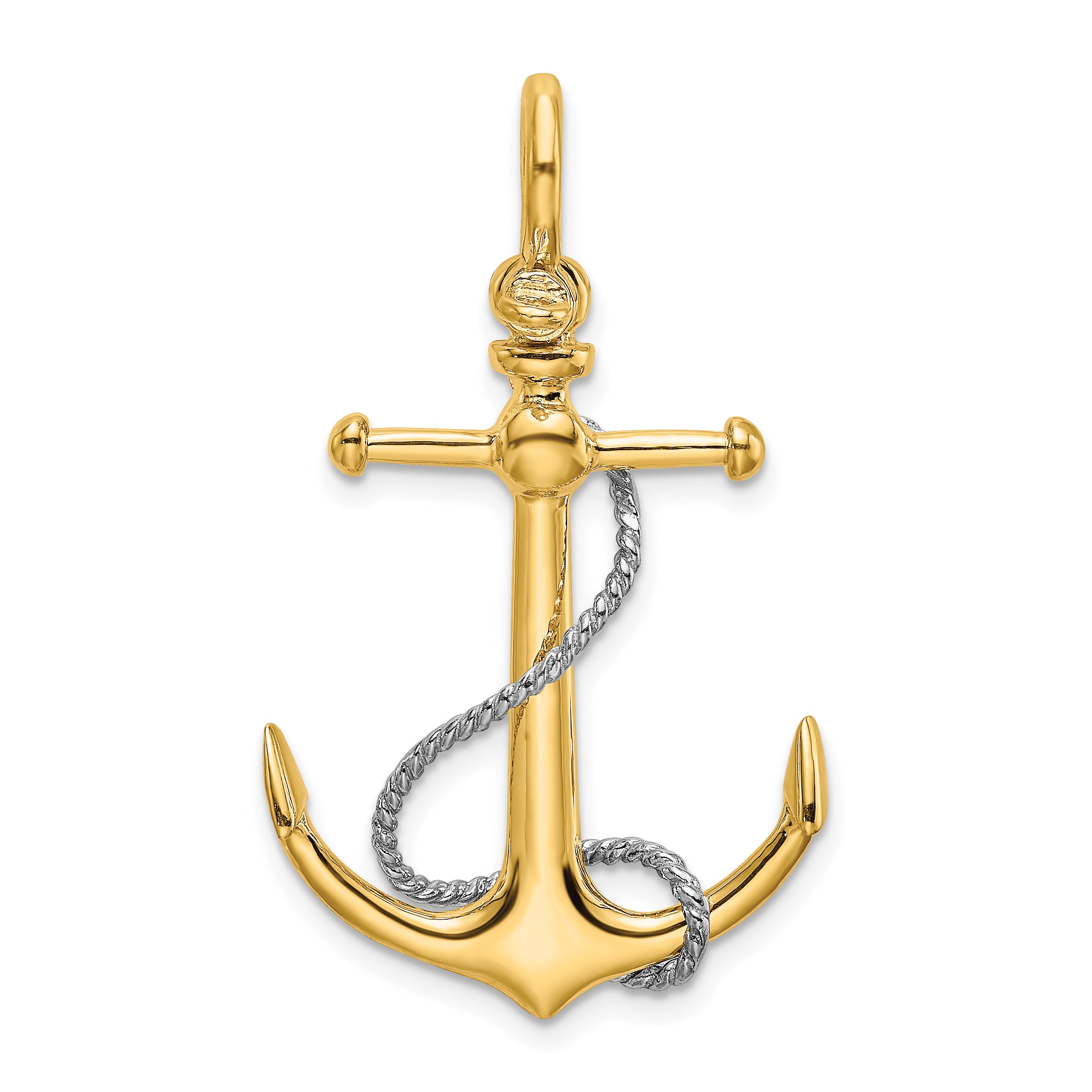 14K Two-tone 3-D Anchor w/T Bar and Rope w/Shackle Bail Charm