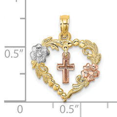 14K Two-tone w/White Rhodium Heart w/Cross and Flowers Charm