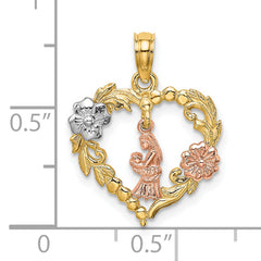 14k Two-tone White Rhodium Motherly Love w/ Flowers In Heart Charm