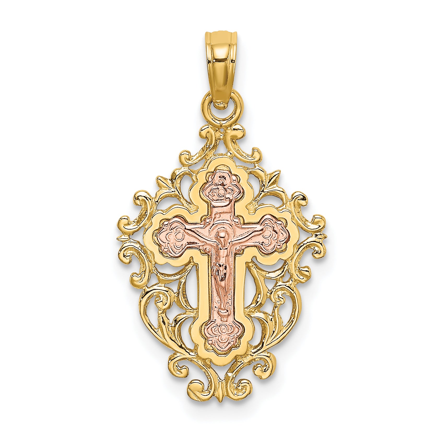 14k Two Tone w/ Lace Trim Crucifix Charm