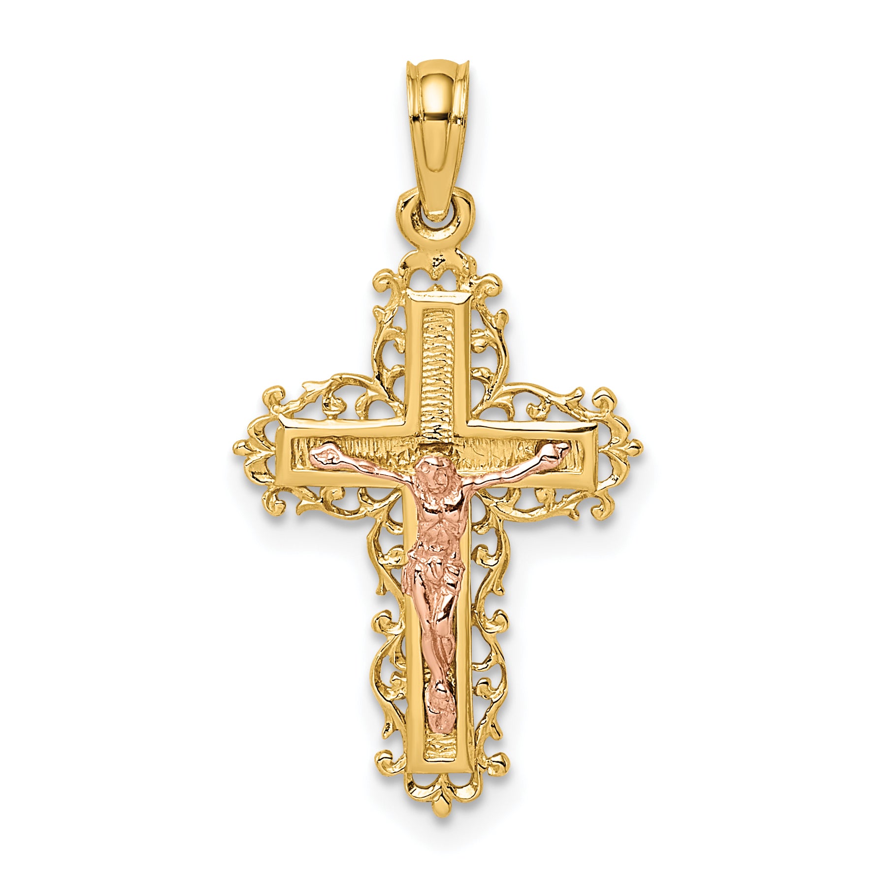 14K Two-Tone Crucifix W/ Lace Trim Charm