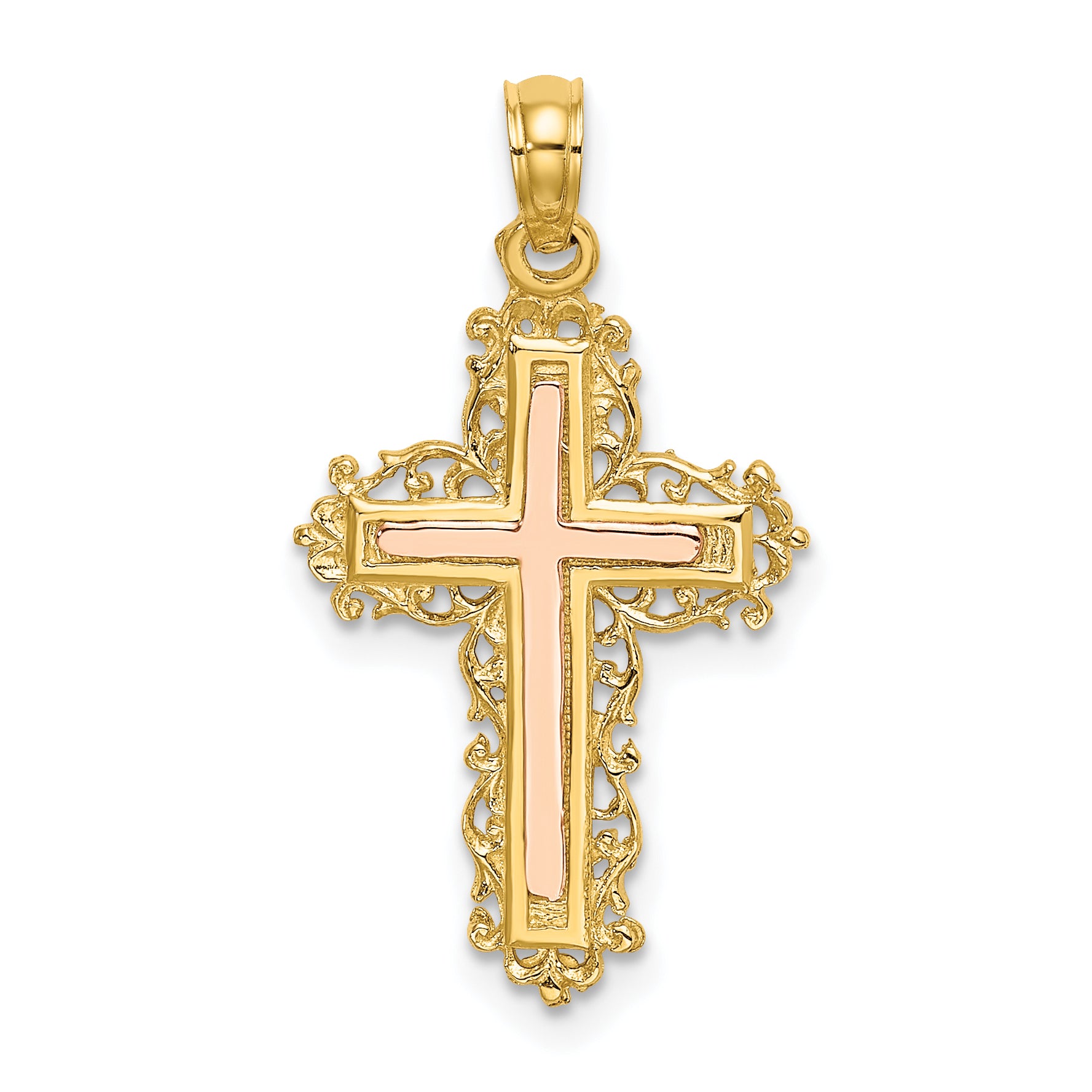 14K Two-Tone Cross w/ Lace Trim Charm