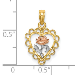 14k Two-tone White Rhodium Heart w/ Rose and Lace Trim Charm