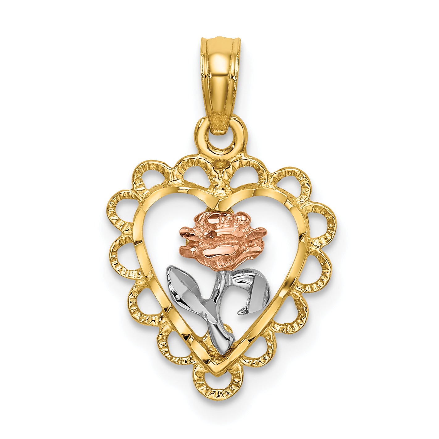 14k Two-tone White Rhodium Heart w/ Rose and Lace Trim Charm