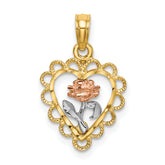 14k Two-tone White Rhodium Heart w/ Rose and Lace Trim Charm