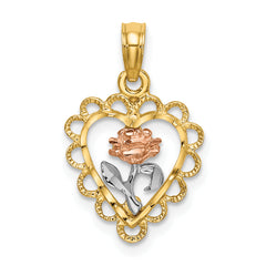 14k Two-tone White Rhodium Heart w/ Rose and Lace Trim Charm