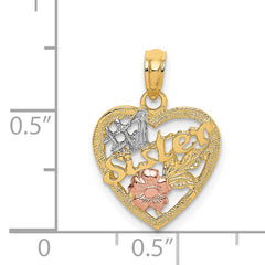 14k Two-tone White Rhodium #1 SISTER In Heart w/ Flowers Charm