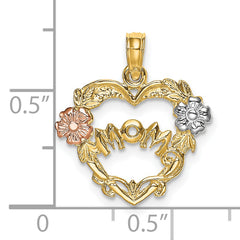 14k Two-tone w/White Rhodium MOM Heart w/Flower Charm