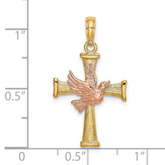 14k Two-tone Textured Finish Cross w/ Dove Charm