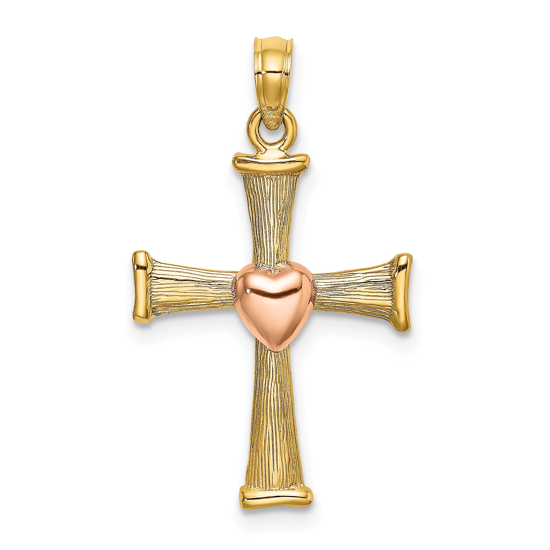 14k Two-Tone Textured Finish Cross w/ Heart Charm