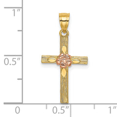 14k Two-Tone Textured Cross w/ Flower Charm