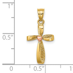 14k Two-Tone Twisted Cross w/ Heart Charm