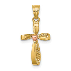 14k Two-Tone Twisted Cross w/ Heart Charm