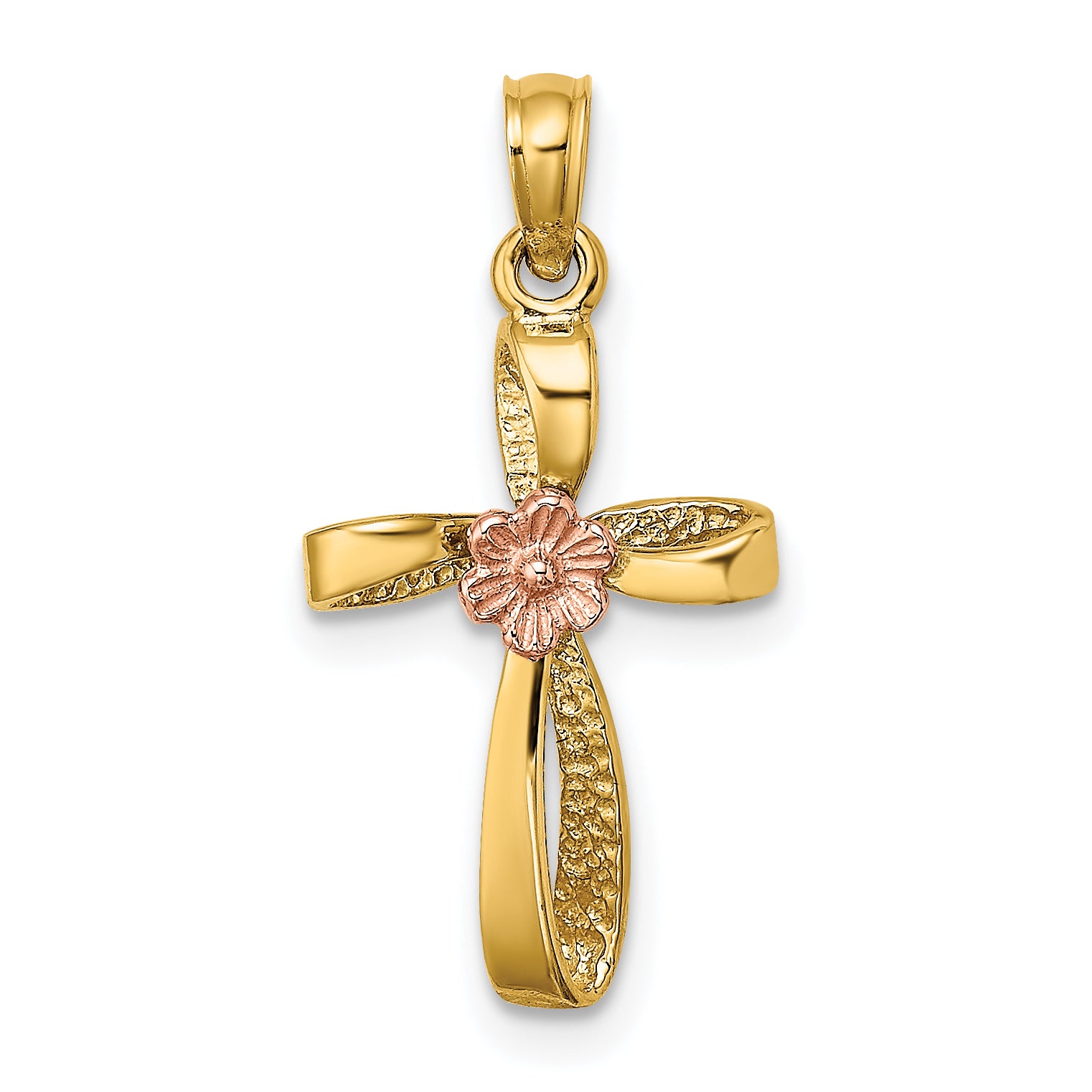 14k Two-Tone Twisted Cross w/ Heart Charm