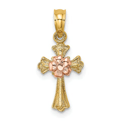 14k Two-Tone Cross w/ Small Flower Charm
